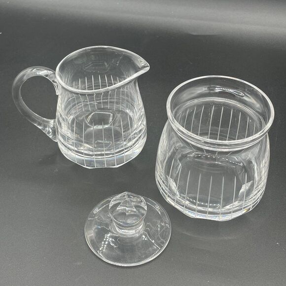Vintage Crystal Clear Glass Cream and Sugar Faceted Lined Set 3 pc Set - Picture 1 of 10